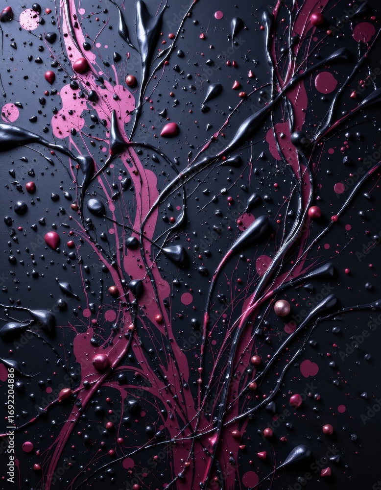 Poster the image features an abstract composition with a dark background and dynamic splashes of pink and b
