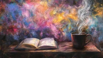 Open book & coffee mug, vibrant colorful background