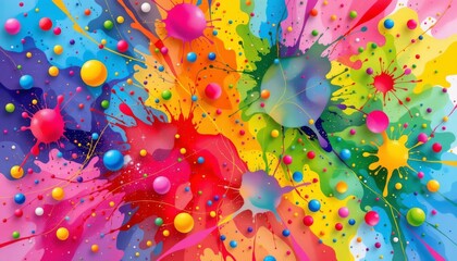 The image features an explosion of vibrant splashes of paint in various colors, including pink, red, orange, yellow, green, blue, and purple
