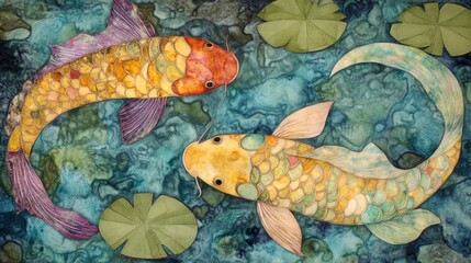 Two colorful koi fish swim in a teal water pond with lily pads