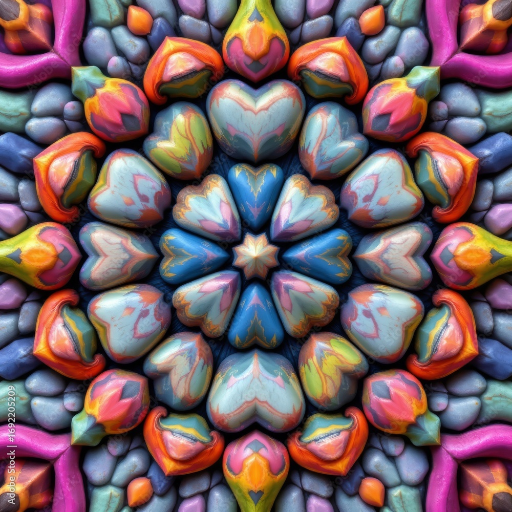 Poster the image features a symmetrical, kaleidoscopic arrangement of colorful, heart shaped objects at the