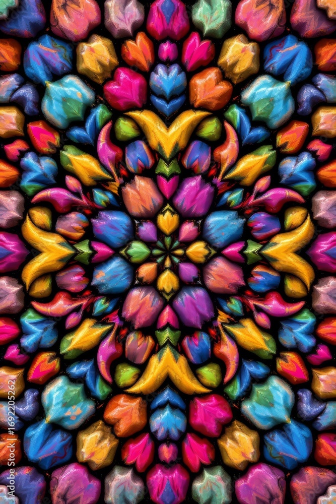 Poster the image features a symmetrical and vibrant arrangement of colored objects that resemble flower pet