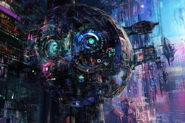 Futuristic cityscape with a large, complex, glowing orb hovering amidst towering structures