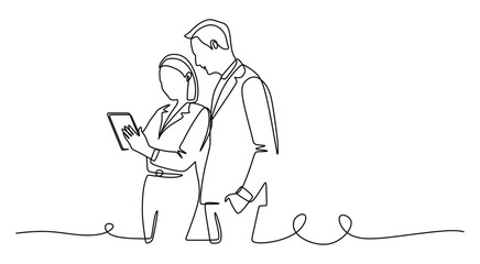 continuous line art of a male and female coworkers in work suits showing something on a gadget