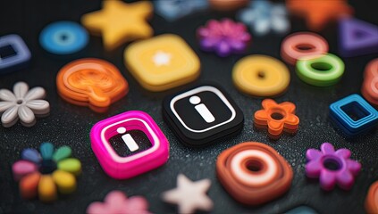 Colorful, diverse shapes and icons arranged on a dark surface. Information icon prominent