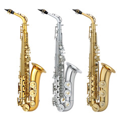 Naklejka premium Three saxophones in gold and silver finishes arranged side by side isolated on transparent background