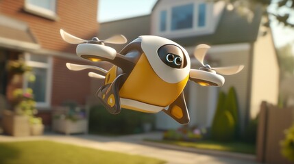 A cartoonish drone, yellow and brown, flies over a suburban home