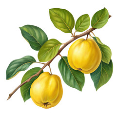 Vibrant yellow quince fruits hang from a leafy branch isolated on transparent background