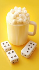Whipped cream beverage and dice on yellow background