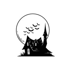 Vector art of haunted house silhouette with bats flying in the moonlight, creating a spooky halloween night scene