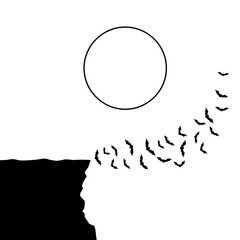 Vector art of silhouette of a cliff with bats flying towards the moon, creating a spooky and mysterious atmosphere