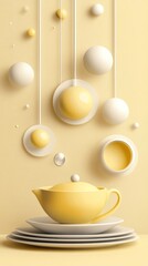 Yellow and white spheres and shapes on beige background