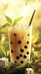 Creamy, iced boba drink in a glass, with dice and leaves