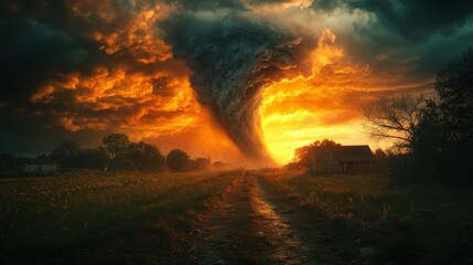 Obraz premium Big tornado in the field at sunset, 3d render illustration.