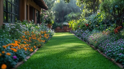 Obraz premium Beautiful flower garden in the morning with sunlight and green grass.
