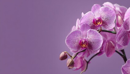Close-up of three vibrant pink orchids against a soft lavender backdrop.  Delicate petals and subtle speckles of deeper pink highlight the blooms.  A few unopened buds add a touch of anticipation.