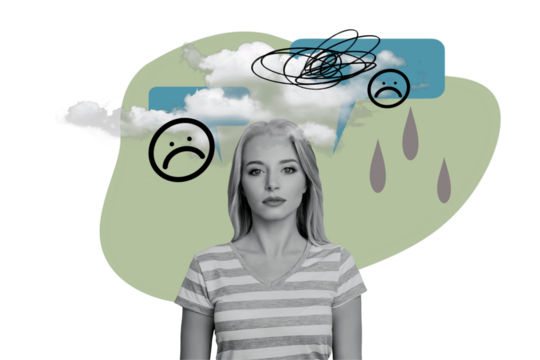 Composite trend artwork collage of monochrome young woman sad face cry drops water cloud bad weather stress negatife mental health help - Powered by Adobe