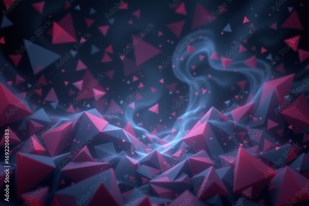 Poster the image features a surreal, abstract landscape composed of numerous geometric triangular shapes in