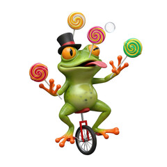 Whimsical Frog Acrobat Balancing Lollipops on a Unicycle in a Dreamlike Composition