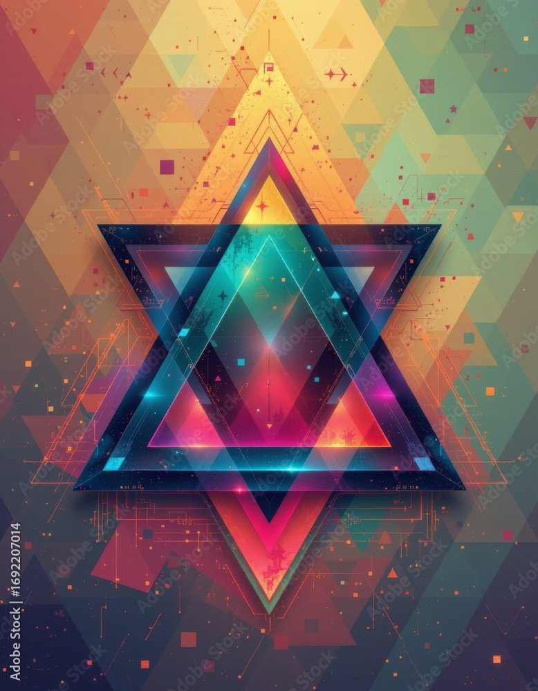 Poster the image features a vibrant, geometric design centered around a large, luminous star like shape wit