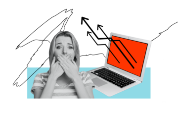 Composite photo collage of shocked business girl receive promotion arrow freelancer growth laptop device isolated on painted background