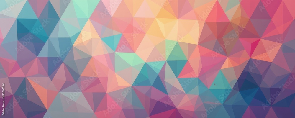 Poster the image features a vibrant arrangement of geometric shapes composed of numerous small triangles th