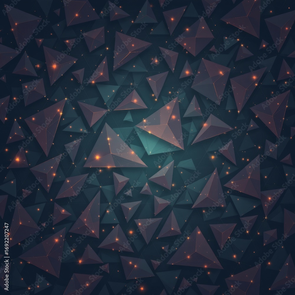 Poster The image features a dark, geometric background composed of numerous connected triangular shapes, creating a tessellated pattern