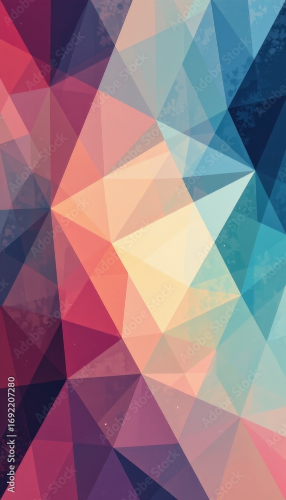 Poster the image features an abstract geometric pattern composed of numerous overlapping triangles in vario