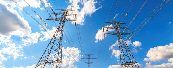 High-voltage power lines against a bright blue sky with clouds.