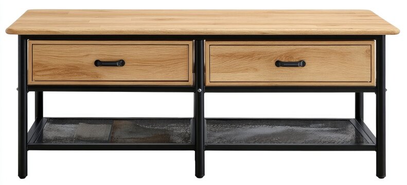 Light wood coffee table with black metal legs and two drawers