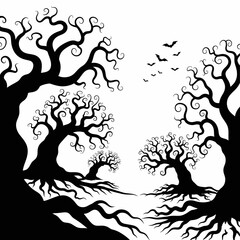 Vector art of eerie halloween landscape with gnarled trees and bats silhouetted against a white backdrop, for a spooky design