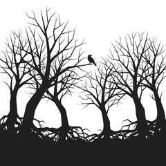 Vector art of silhouette of bare trees with a raven perched on a branch, perfect for spooky and autumn designs