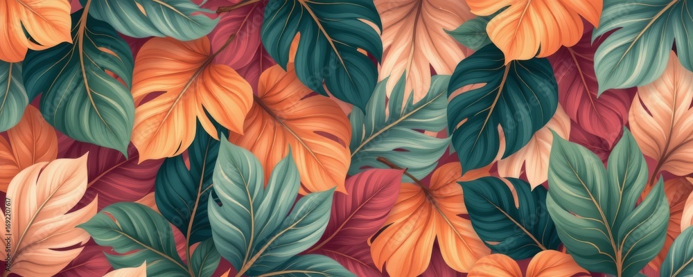 Poster the image features an intricate pattern of large, colorful leaves overlapping each other
