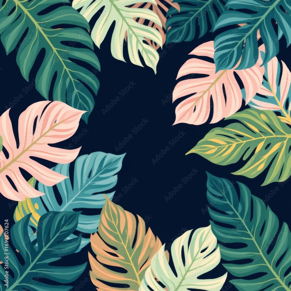 Aufkleber the image features a collection of tropical leaves arranged in a circular pattern, creating a wreath