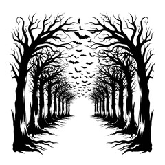 Vector art of silhouette of a spooky forest path with bare trees and bats flying overhead, ideal for halloween designs