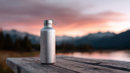 A reusable water bottle sits on a wooden surface with a serene mountain and sunset backdrop. Ideal for health, fitness, travel, and environmental awareness campaigns.