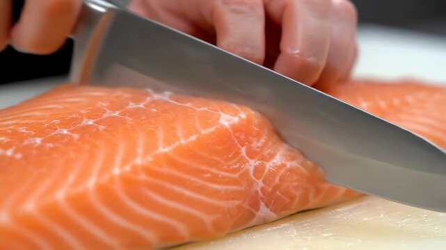 Chef Cuts Fresh Salmon Fillet on White Cutting Board During Kitchen Preparation, Early Morning