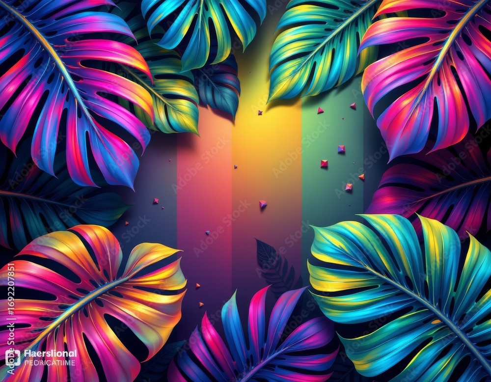 Aufkleber the image features a vibrant and colorful composition of large tropical leaves arranged in a circula