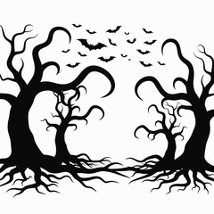 Vector art of spooky halloween silhouette illustration of a creepy forest with bare trees and bats flying in the night sky