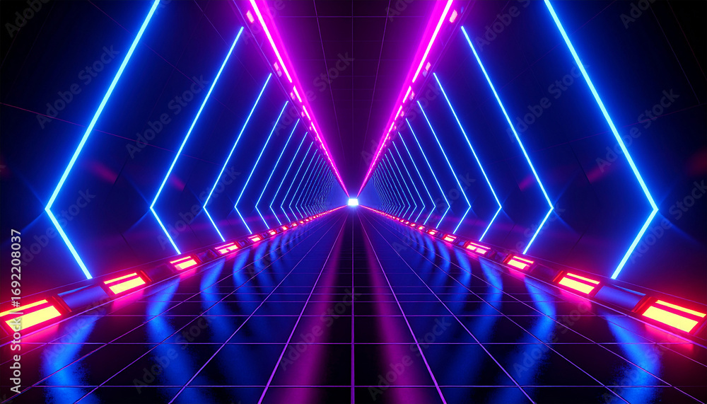 Poster neon corridor: captivating perspective of a mesmerizing corridor illuminated by vibrant neon lights,