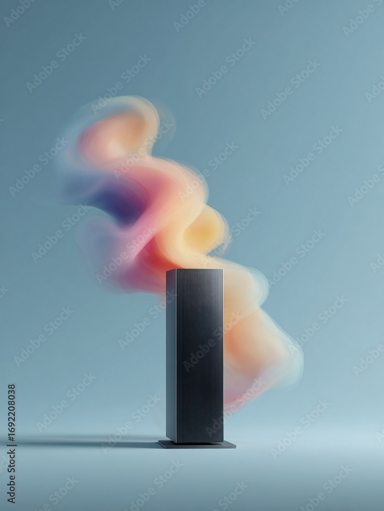 Poster abstract art piece featuring a dark rectangular structure with a fluid, colorful cloud. perfect for 