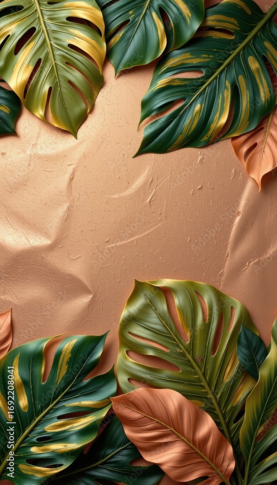 Poster the image features a beige, textured background with a central empty space surrounded by large, vibr