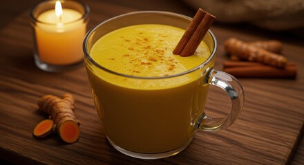 Relaxing turmeric latte with cinnamon stick and candle on wooden table during cozy evening
