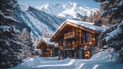 Winter chalet mountain view snowy trees luxury home ski resort vacation rental cabin in the alps.