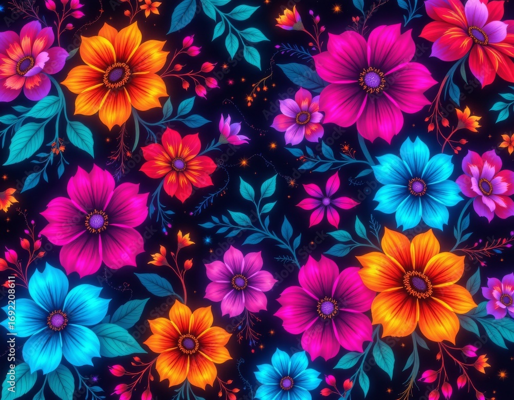 Poster the image features a vibrant and colorful floral pattern set against a dark background