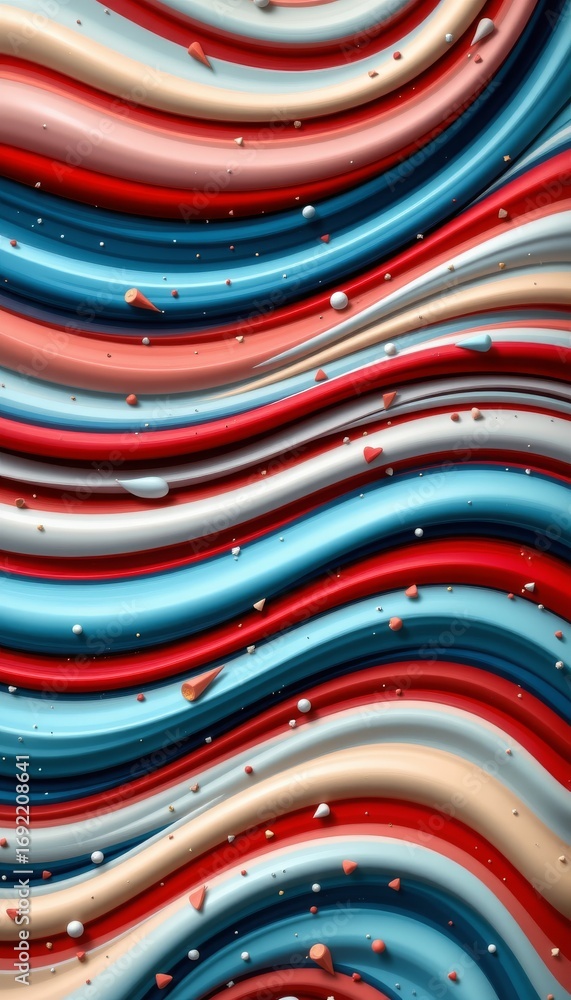 Poster the image features a vibrant, abstract pattern composed of wavy, flowing lines in shades of red, blu