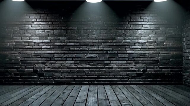 Empty dark black brick wall interior with wooden floor and dramatic ceiling lights creating moody industrial backdrop