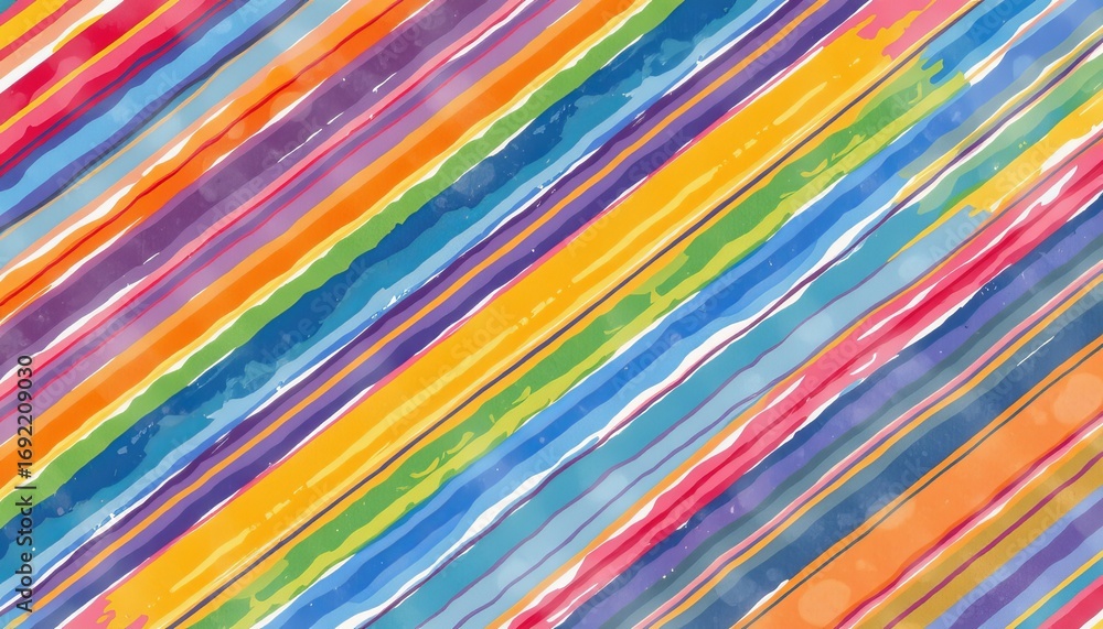 Poster the image features a vibrant, diagonal rainbow pattern composed of multiple colorful brush strokes