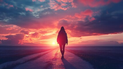 A lone female hiker walks along a dirt road towards a vibrant sunset.