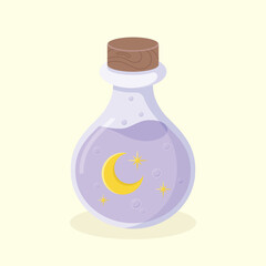 A glass bottle of purple colour dream potion with bubbles, moon and stars inside. Halloween witchcraft vector illustration.
